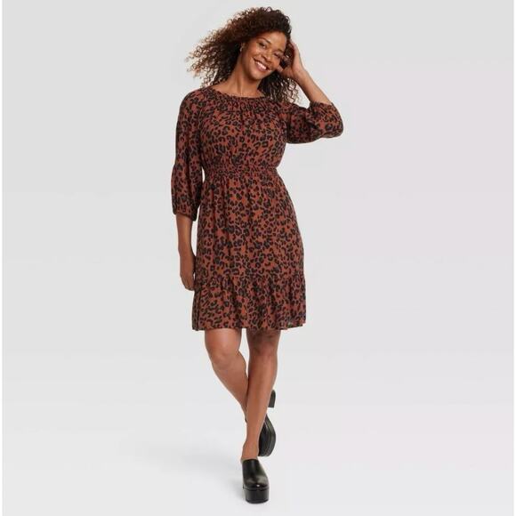 Knox Rose Dresses & Skirts - Knox Rose Womens Dress XXL Brown Peasant Leopard Print 3/4 Sleeve Tiered Fall